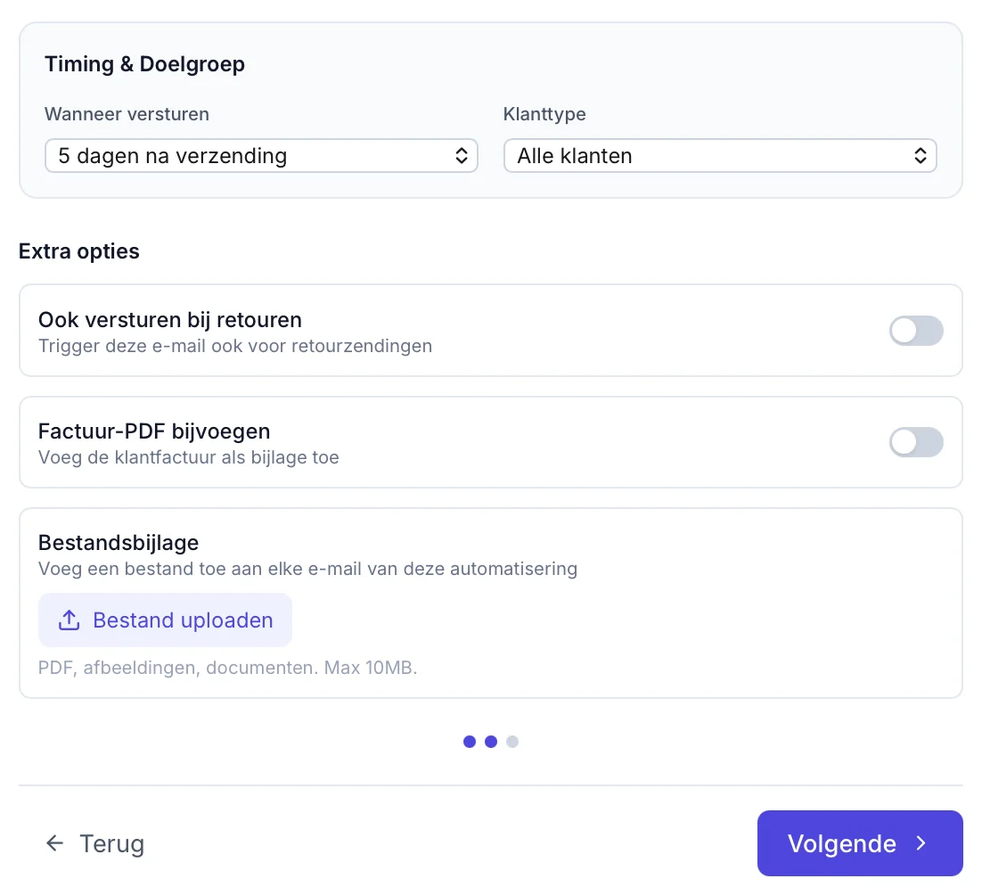 Campagne-instellingen in ChannelChain: timing (5 dagen na verzending) en klanttype, plus extra opties om de Bol.com factuur als PDF of een eigen bestand als bijlage mee te sturen.