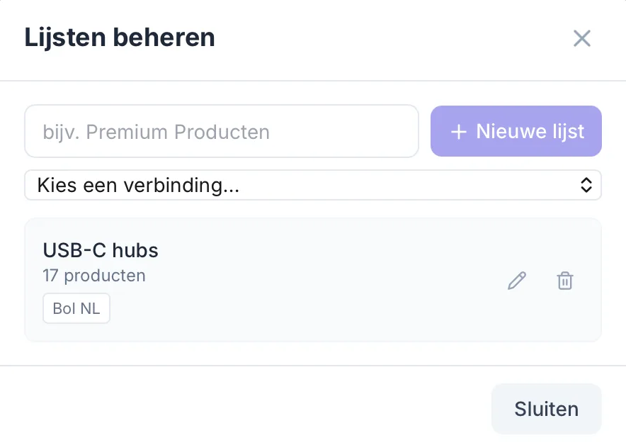Lijsten beheren in de ChannelChain Bol.com Ranking Tracker: een nieuwe Watch List aanmaken, een Bol-verbinding kiezen en bestaande lijsten beheren, zoals 'USB-C hubs' met 17 producten op Bol NL.