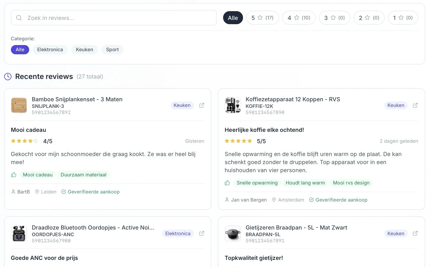 Reviews Tracker in ChannelChain met de meest recente reviews per product, sterrenscore en filters per sterren en categorie.