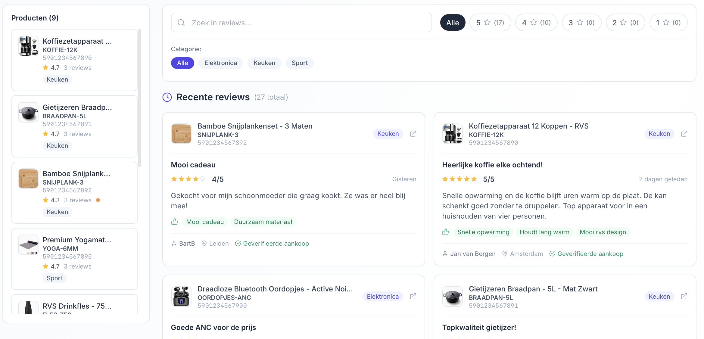 Bol.com Reviews Tracker overzicht in ChannelChain. Linker zijbalk met al je producten en hun gemiddelde sterrenscore en aantal reviews, rechts een grid met de meest recente reviews per product, plus filters op sterrenscore (5, 4, 3, 2, 1) en op productcategorie zoals Elektronica, Keuken en Sport.