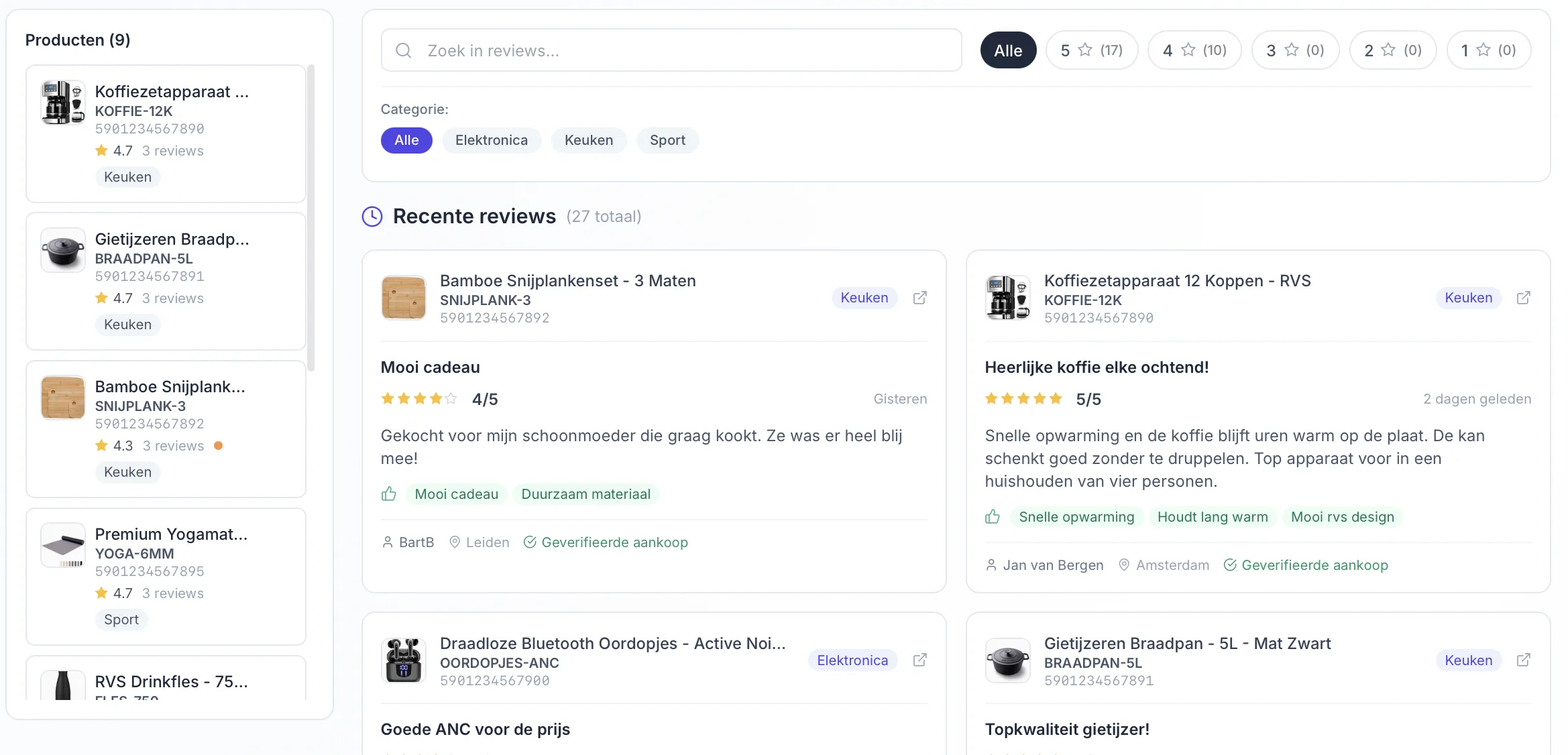 Bol.com Reviews Tracker overzicht in ChannelChain. Linker zijbalk met al je producten en hun gemiddelde sterrenscore en aantal reviews, rechts een grid met de meest recente reviews per product, plus filters op sterrenscore (5, 4, 3, 2, 1) en op productcategorie zoals Elektronica, Keuken en Sport.