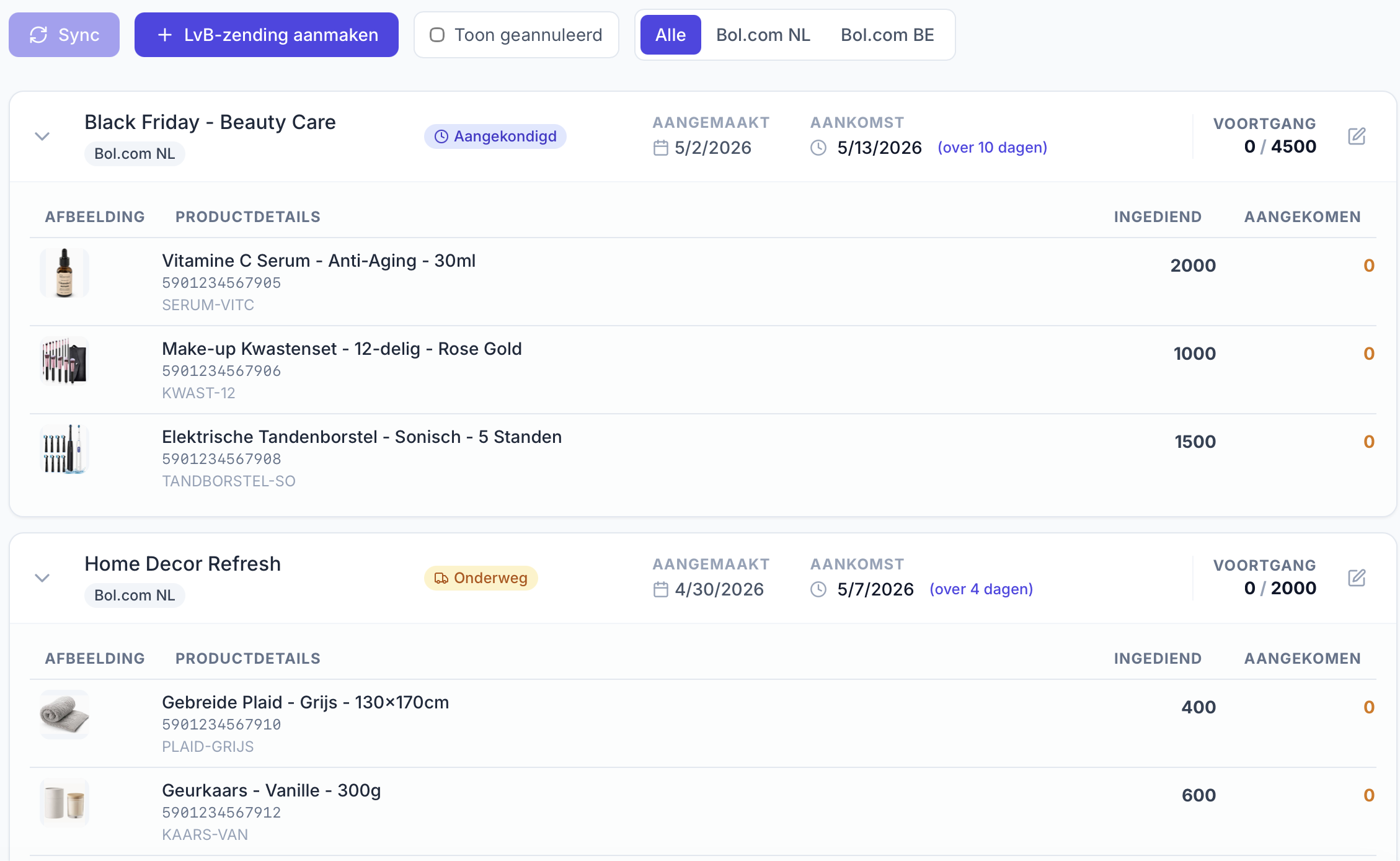Logistiek via Bol zendingen overzicht in ChannelChain. Lopende LvB zendingen voor Bol.com NL en BE met status, aanmaakdatum, aankomstdatum, voortgang en aantal aangekondigd versus aangekomen per product.