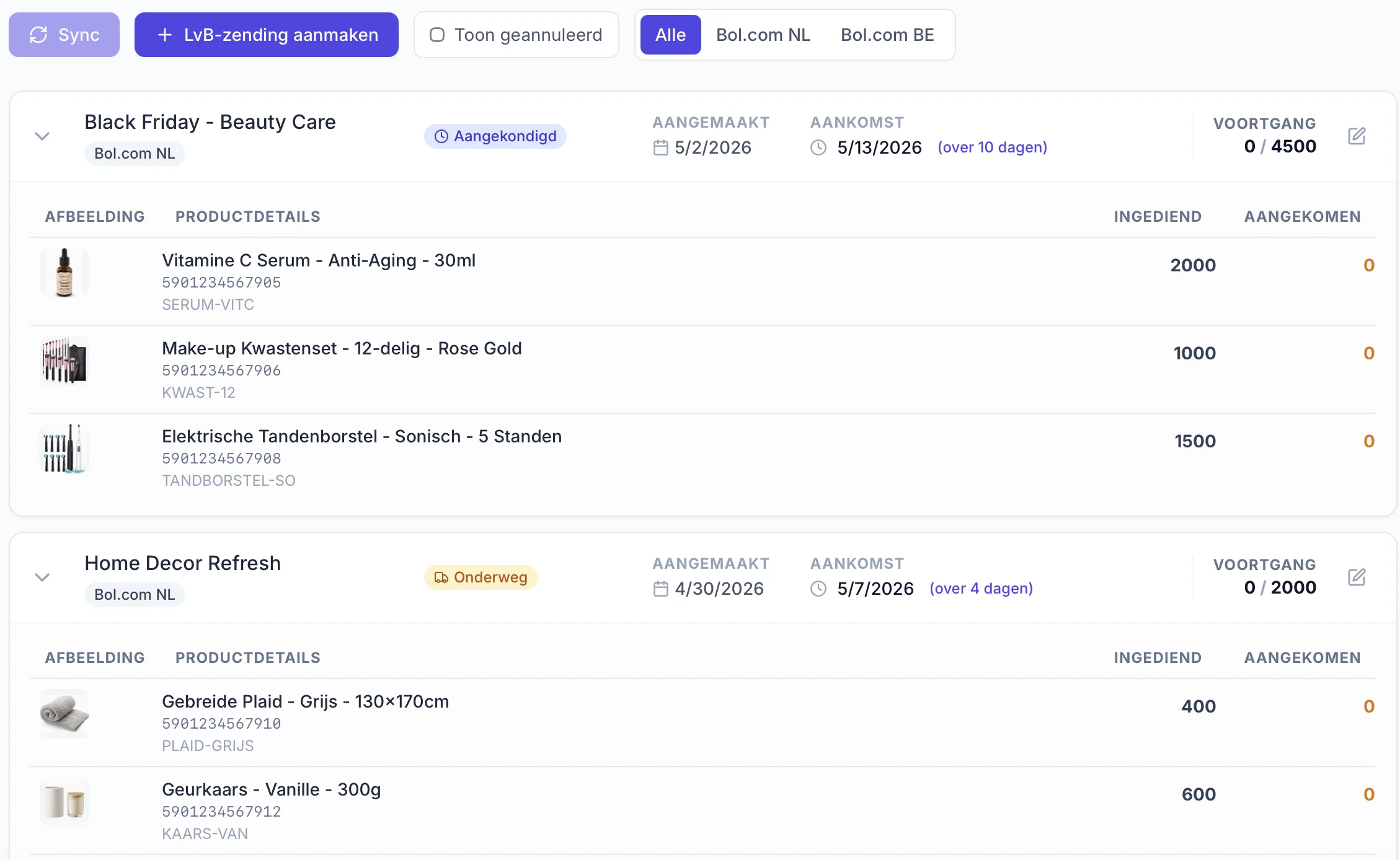 Logistiek via Bol zendingen overzicht in ChannelChain. Lopende LvB zendingen voor Bol.com NL en BE met status, aanmaakdatum, aankomstdatum, voortgang en aantal aangekondigd versus aangekomen per product.