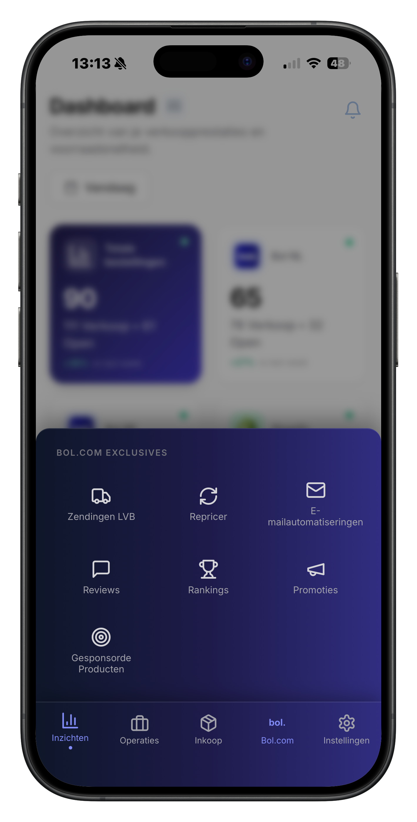 Bol.com tools in de ChannelChain app ChannelChain app op iPhone met het Bol.com Exclusives paneel geopend: snelkoppelingen naar LvB zendingen, Repricer, E-mail campagnes, Reviews, Rankings, Promotions en Sponsored Products.