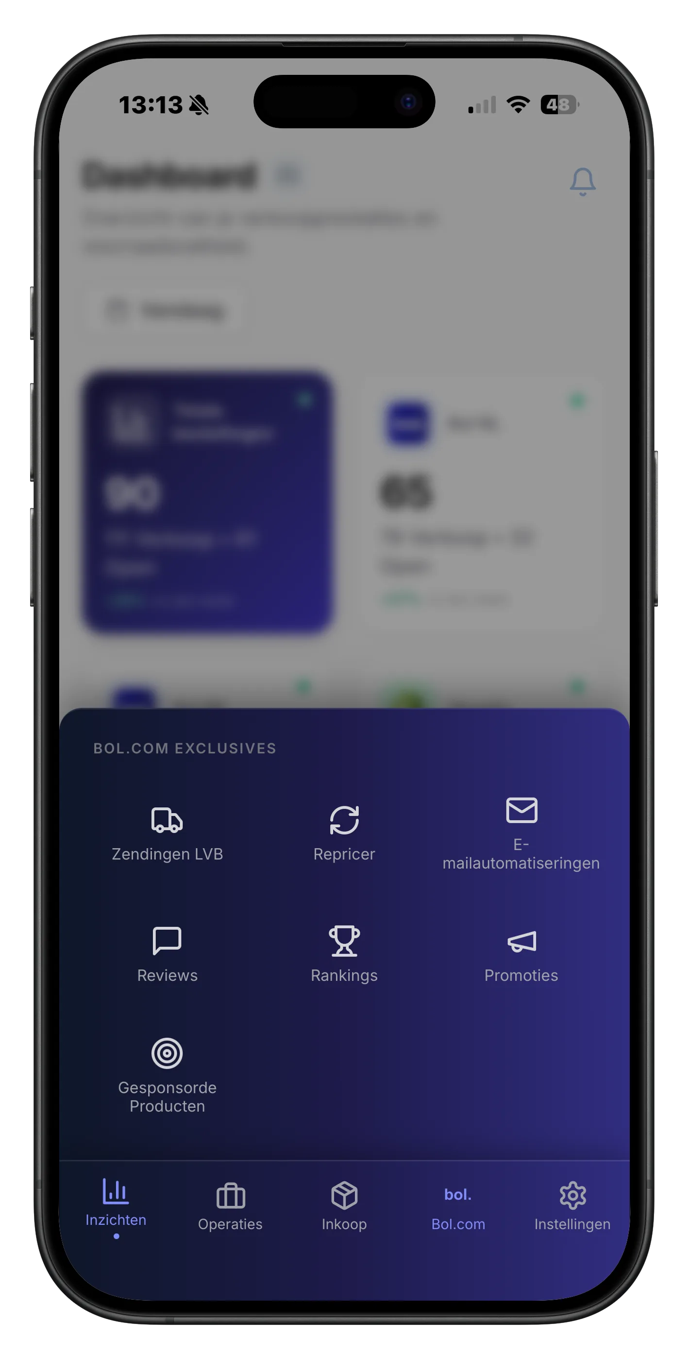 ChannelChain app op iPhone met het Bol.com Exclusives paneel geopend: snelkoppelingen naar LvB zendingen, Repricer, E-mail campagnes, Reviews, Rankings, Promotions en Sponsored Products.