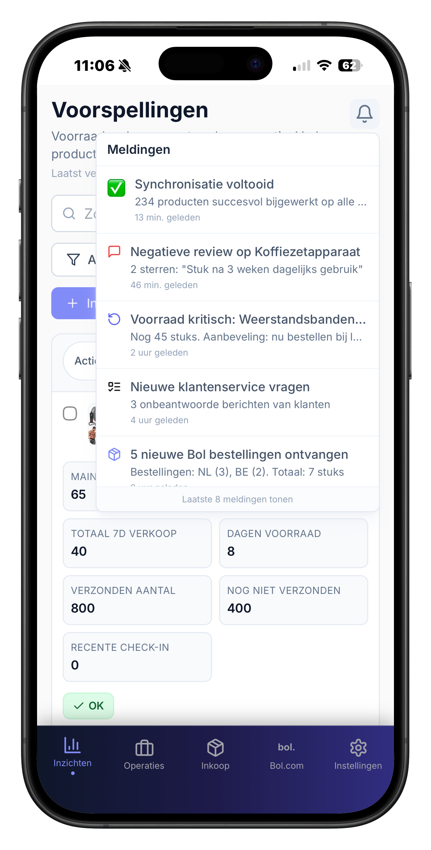 ChannelChain meldingen op iOS ChannelChain app op iPhone met het meldingenpaneel geopend bovenop het Voorspellingen scherm. Meldingen tonen onder andere een geslaagde synchronisatie, een negatieve review, kritische voorraad en 5 nieuwe Bol bestellingen.