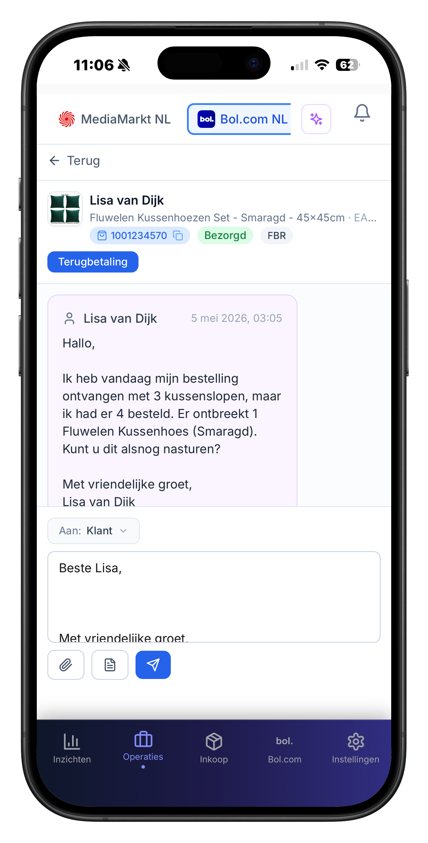 Klantservice in de ChannelChain app ChannelChain app op iPhone met een Bol.com NL klantservice gesprek met Lisa van Dijk over een ontbrekend artikel, met antwoordveld klaar voor reactie.
