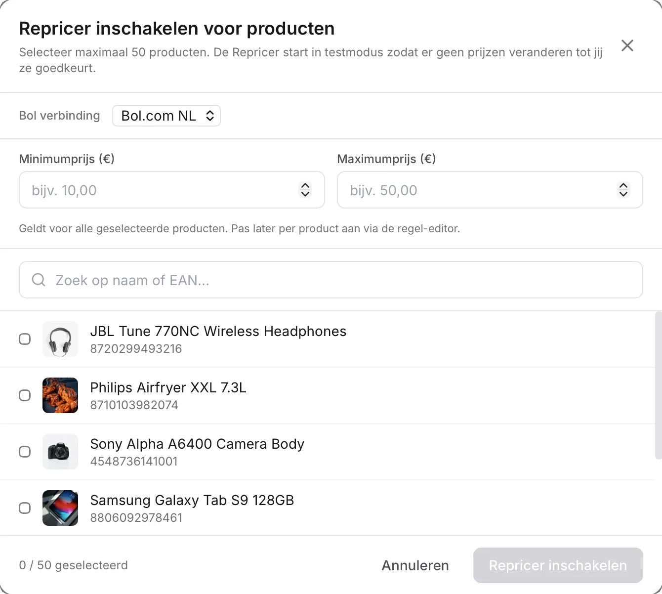 Producten aan de Repricer toevoegen met een minimum- en maximumprijs per selectie, startend in testmodus.